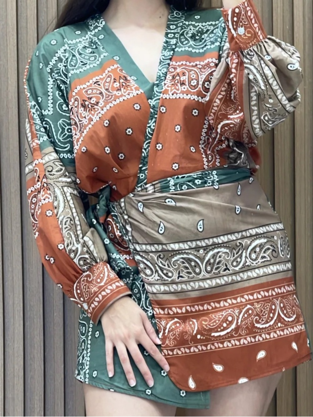 Bandana Print Wrap Dress in Green, Rust & Tan